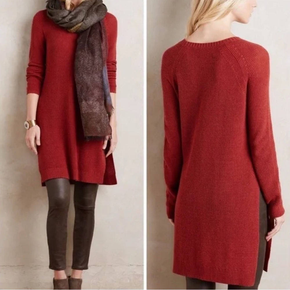 ANTHROPOLOGIE MOTH Split Sweater Knit Long Tunic Top Medium Rust‎ Red Brown